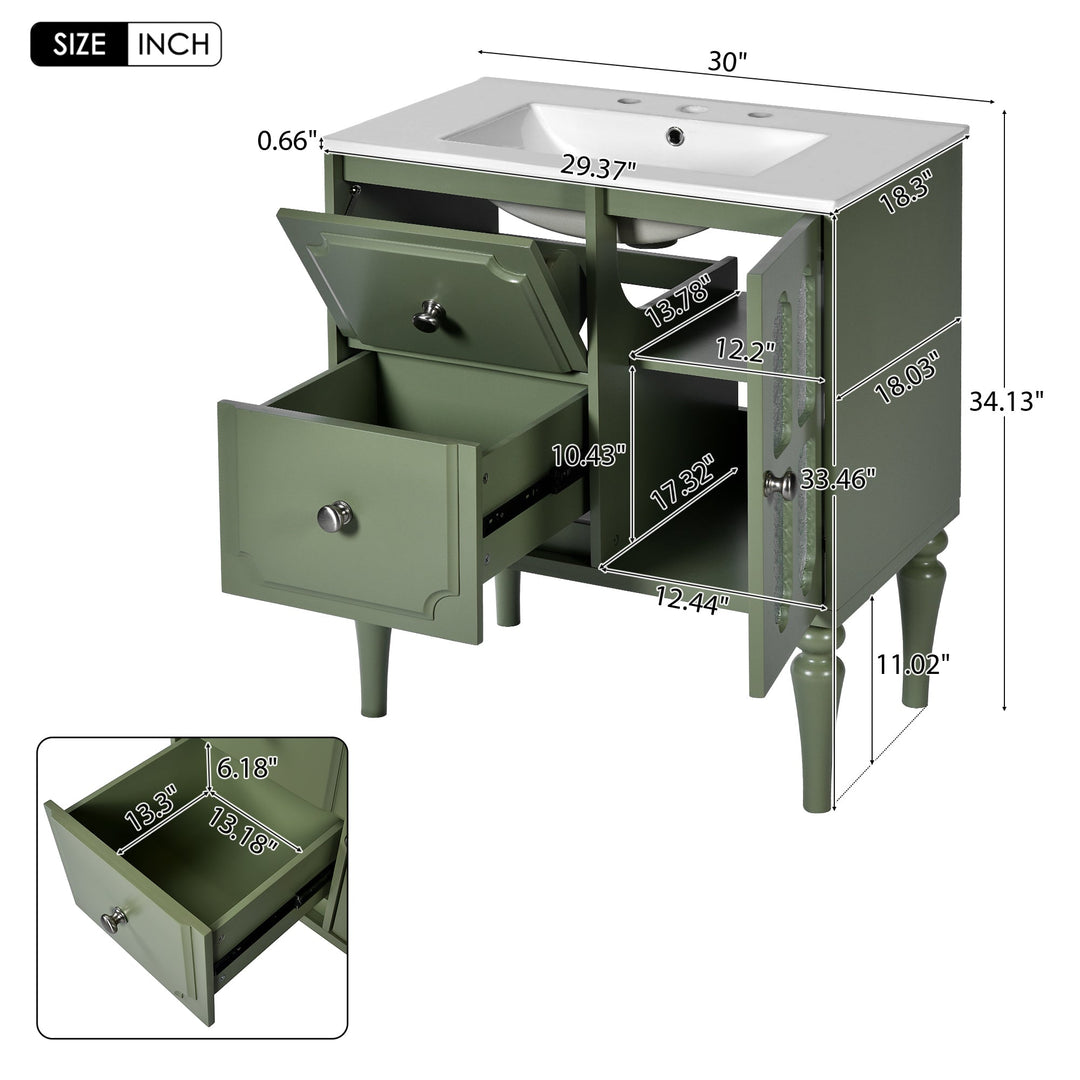 Retro Style 30'' Bathroom Vanity with Ceramic Sink Combo, Freestanding
