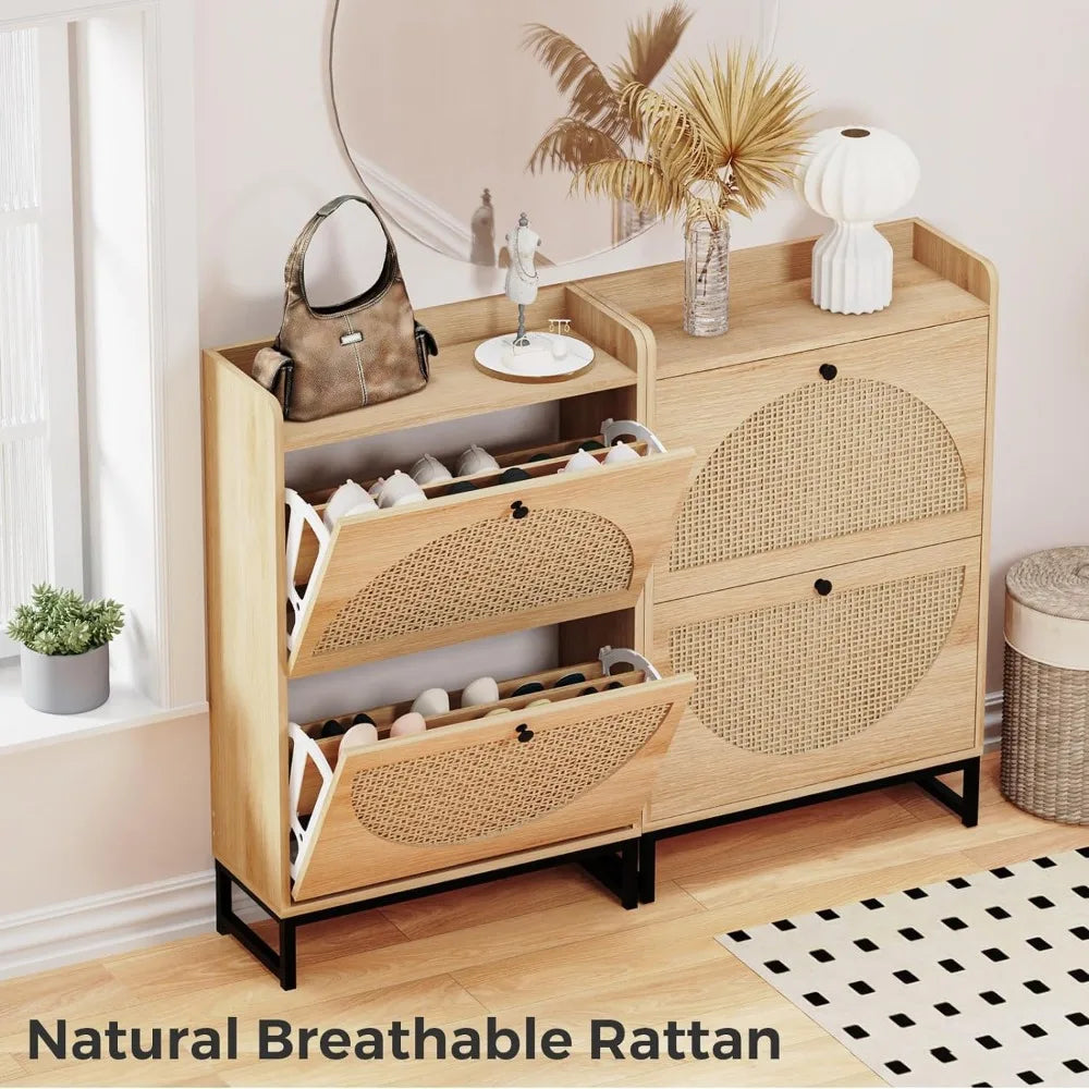 Shoe Cabinet with 2 Handmade Natural Rattan Flip Drawers, Entryway Shoe Rack Storage Organizer , Free Standing Shoe Racks