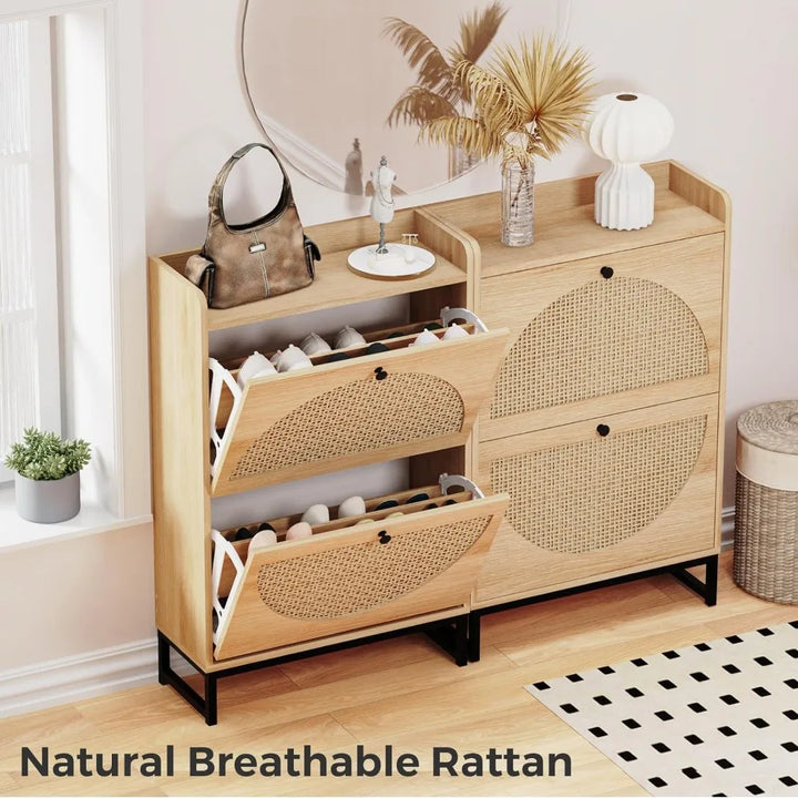 Shoe Cabinet with 2 Handmade Natural Rattan Flip Drawers, Entryway Shoe Rack Storage Organizer , Free Standing Shoe Racks
