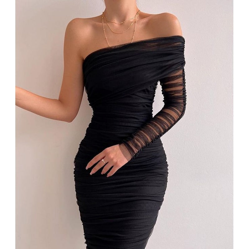 Mesh Patchwork One-Shoulder Sexy Backless Dress