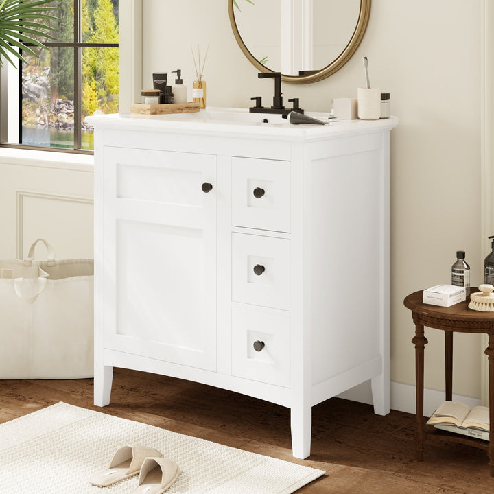 30 Inch Bathroom Vanity with Ceramic Sink, White Bathroom with 3