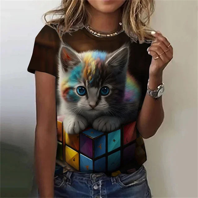 Fashion Women's T-shirt 3D Printed Kawaii Cat Pattern Short Sleeved Round neck Top Summer Outdoor Casual Street Simple Clothing