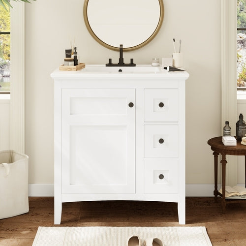30 Inch Bathroom Vanity with Ceramic Sink, White Bathroom with 3