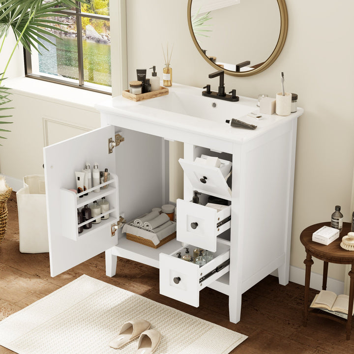 30 Inch Bathroom Vanity with Ceramic Sink, White Bathroom with 3