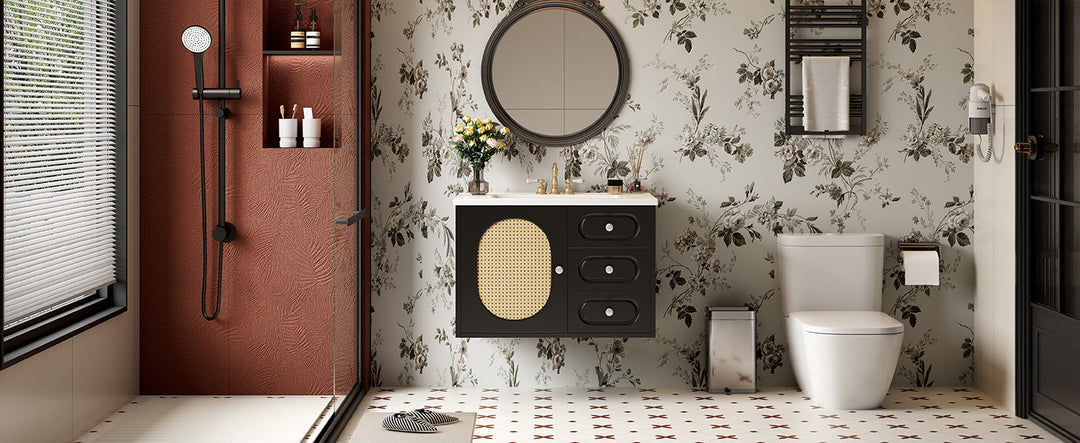 30' Bathroom Vanity with Ceramic Sink, Mid-Century Bathroom Vanity