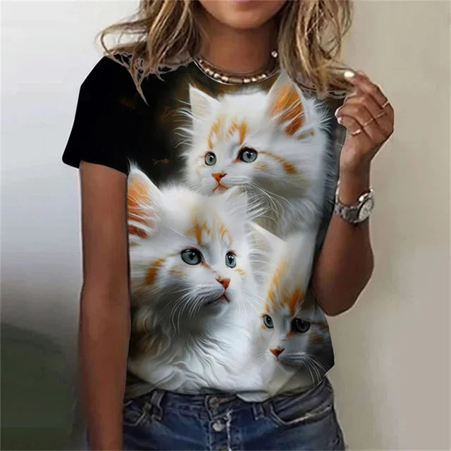 Fashion Women's T-shirt 3D Printed Kawaii Cat Pattern Short Sleeved Round neck Top Summer Outdoor Casual Street Simple Clothing