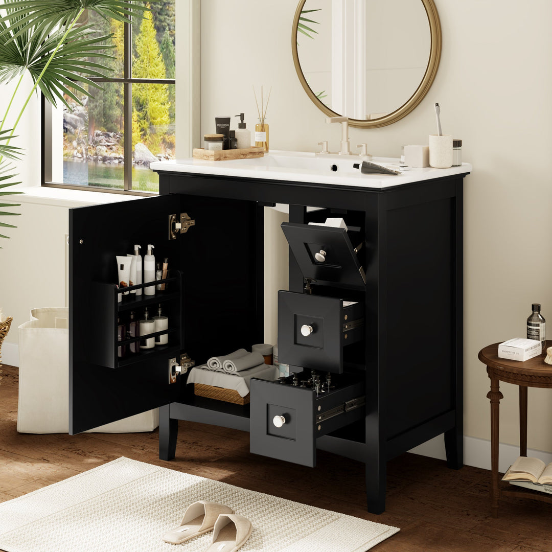 30 Inch Bathroom Vanity with Ceramic Sink, Black Bathroom with 3