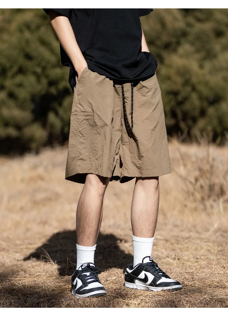 Slightly wrinkled cargo shorts thin side open pockets outdoor casual cropped streetwear pants men clothing