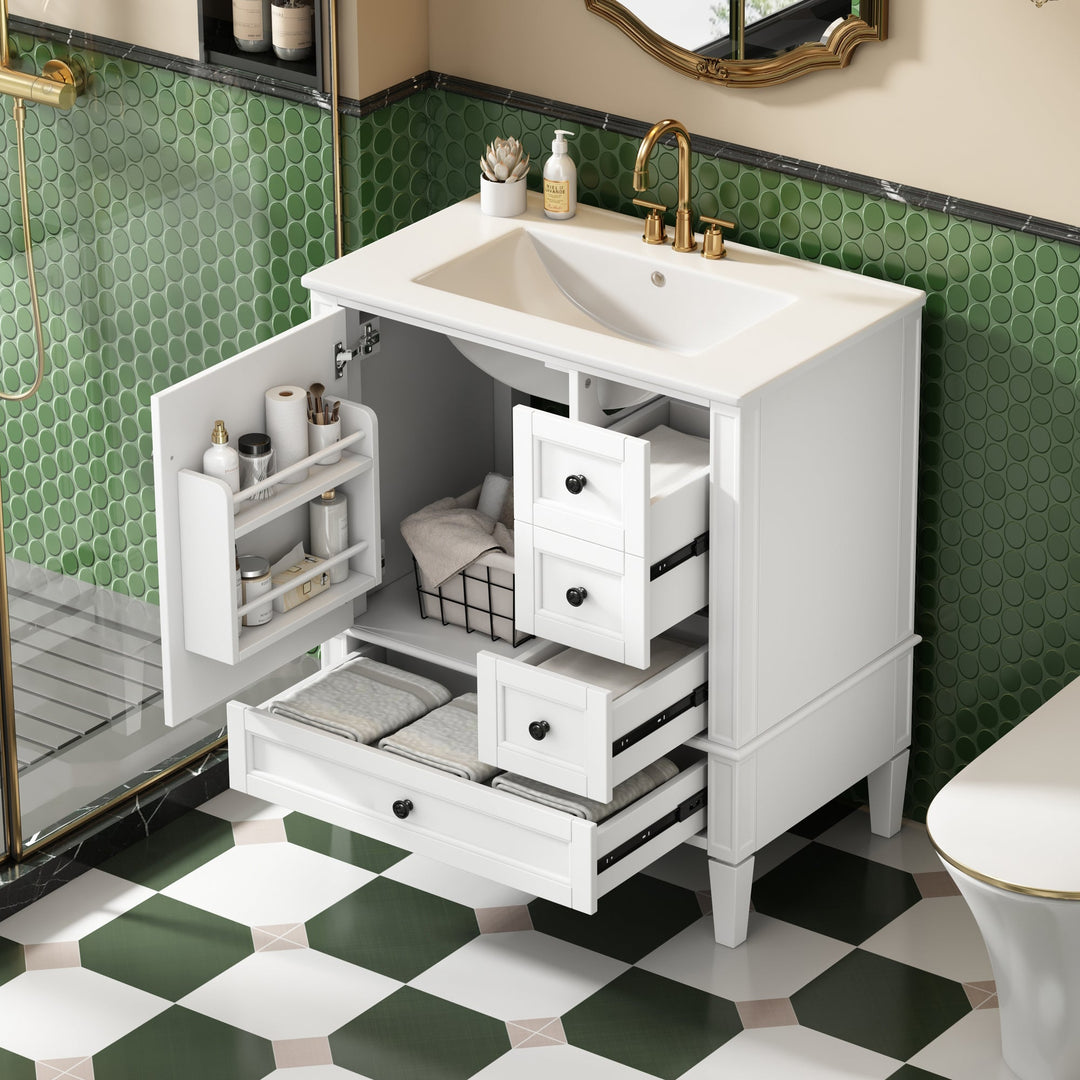 30 Inch Bathroom Vanity with Ceramic Sink, White Bathroom with 3