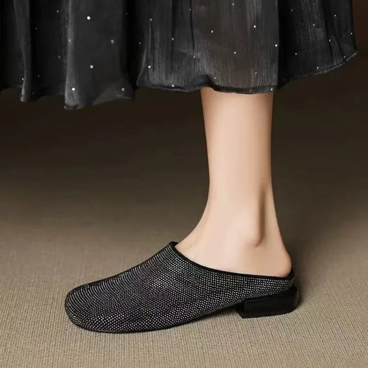 Baotou Slippers Summer New Round Toe Deep Mouth Sequin Soft Sole Non-slip Wear-resistant Fashion Square Heel Shoes