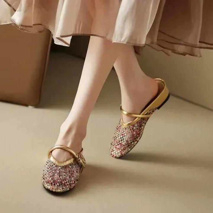 Fashion French Baotou Cutout Breathable Slippers 2025 Summer New Wear Rhinestone Heightening Single Shoes