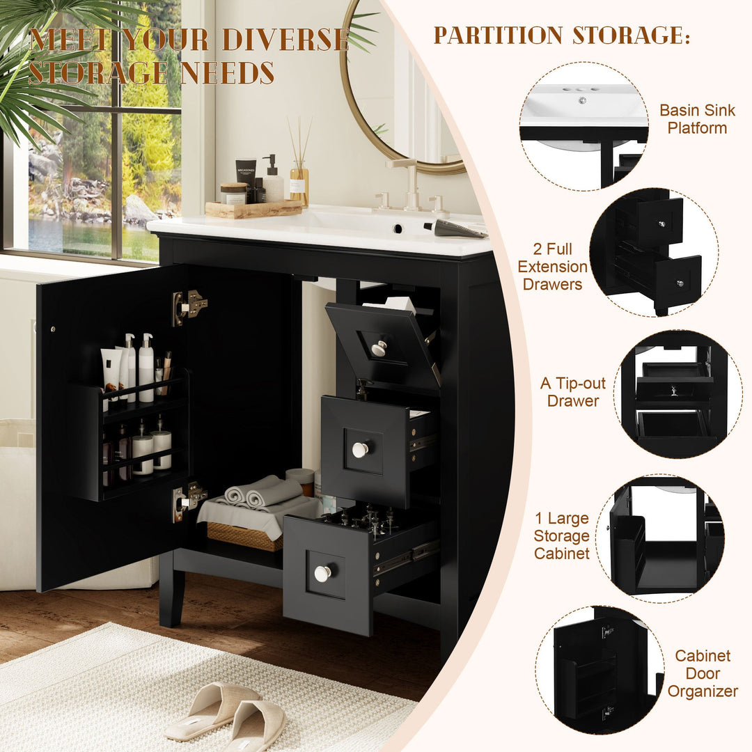 30 Inch Bathroom Vanity with Ceramic Sink, Black Bathroom with 3