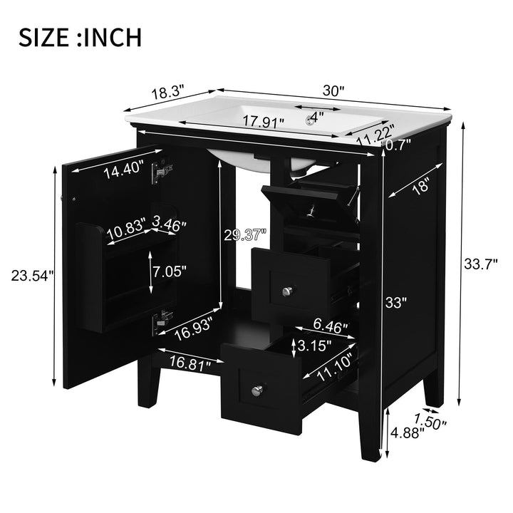 30 Inch Bathroom Vanity with Ceramic Sink, Black Bathroom with 3