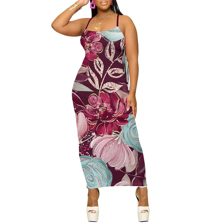 Vintage Floral Maxi Dress for Women Burgundy Spaghetti Strap Bodycon Sleeveless Summer Dress