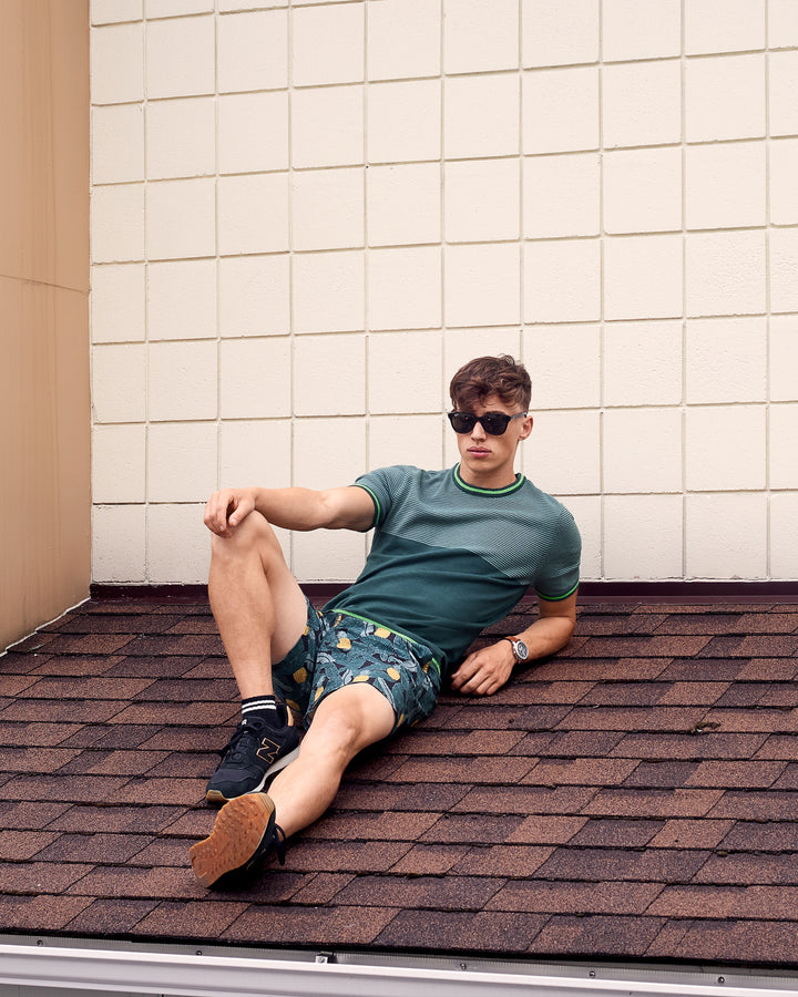 Crew Neck Multicolored Short Sleeve Knit-Tee With Top Stripe Pattern