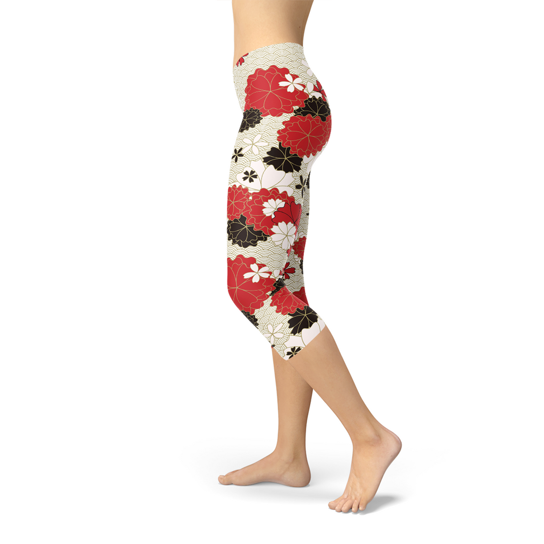 Womens Japanese Cherry Blossom Capri Leggings