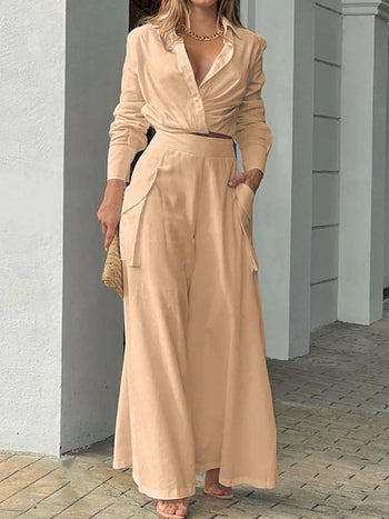 Long Sleeve Lapel V Neck Shirts + High Waist Pockets Long Pants Suit