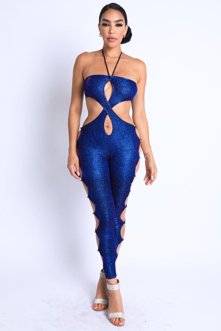 Glittery Cutout Halter Neck Keyhole Sexy Party Jumpsuit BLUE/FUCHSIA