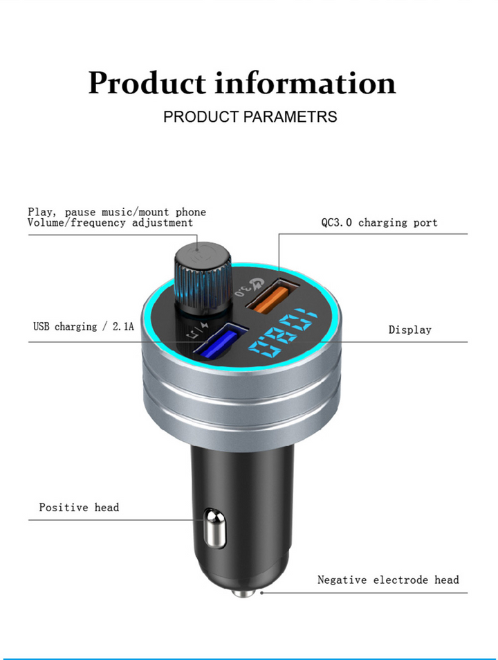 QC 3.0 Dual USB Fast Car Charger with Bluetooth Mp3 Player