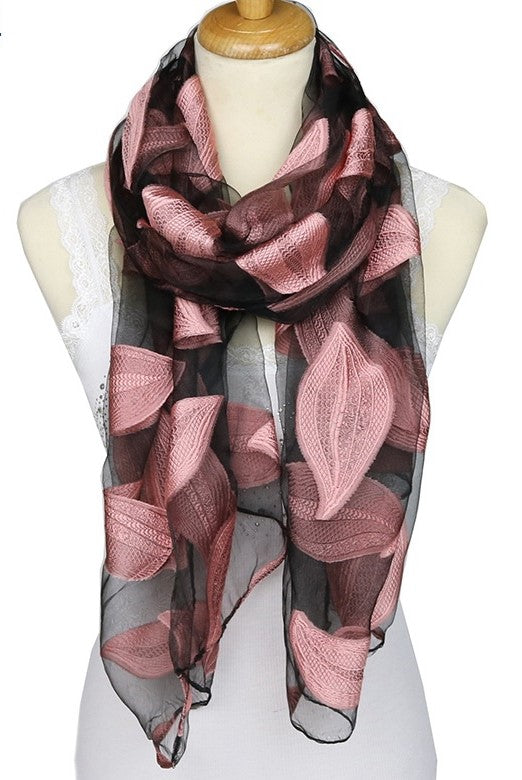 Jacquard Silk Scarf with Leaf Design - Soft Touch