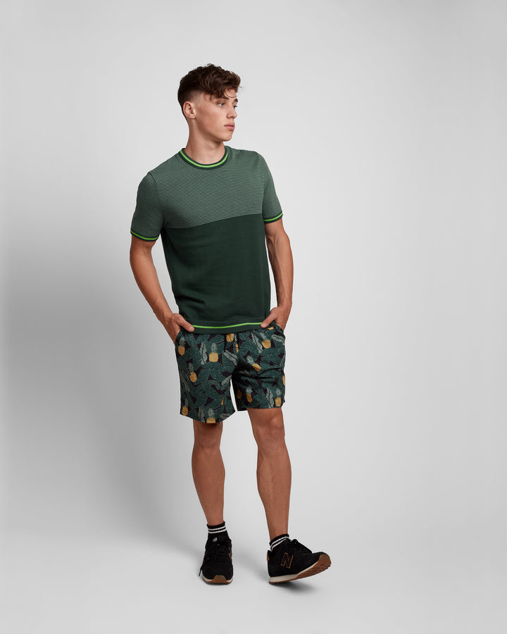 Crew Neck Multicolored Short Sleeve Knit-Tee With Top Stripe Pattern