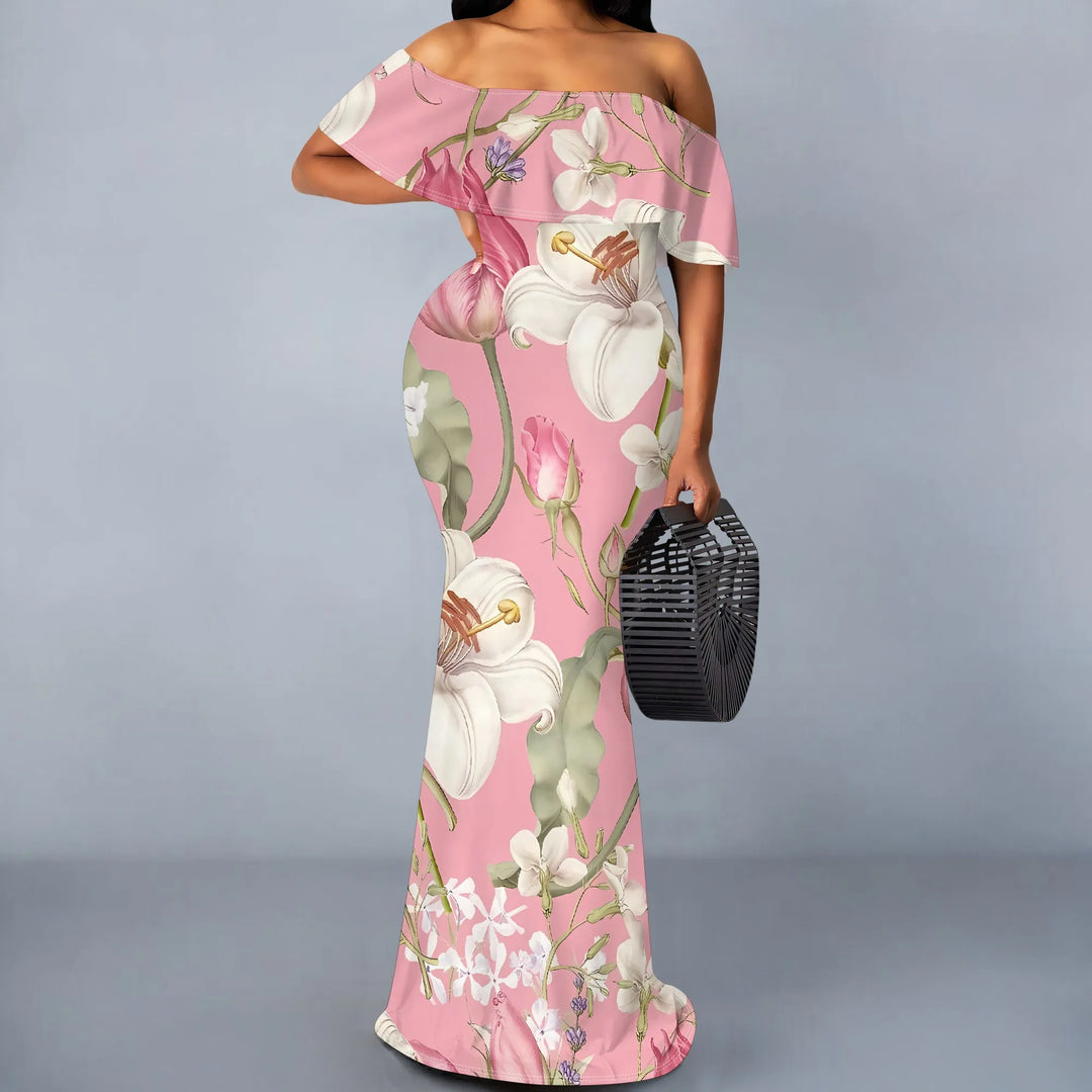 Pink Floral Print Off Shoulder Ruffle Maxi Dress Women Slim Fit Elegant Summer Party Dress