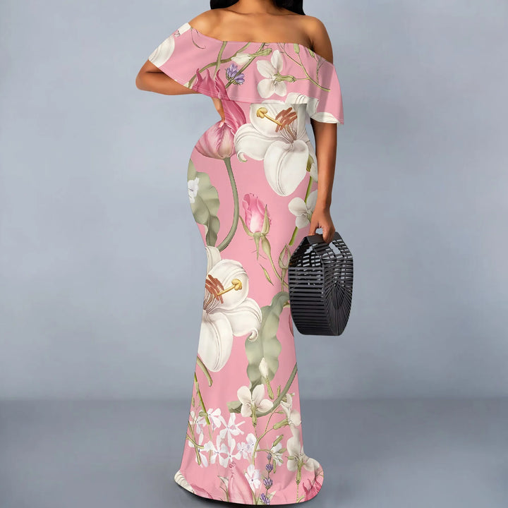 Pink Floral Print Off Shoulder Ruffle Maxi Dress Women Slim Fit Elegant Summer Party Dress