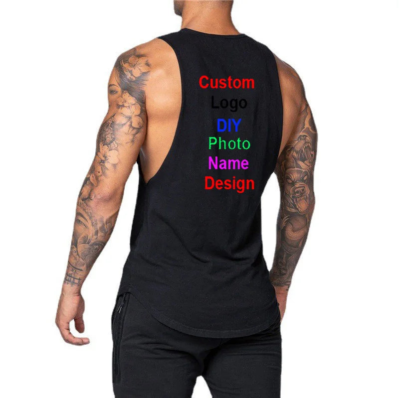 DIY Customized Logo Brand Gym Tank Top Men Cotton Muscle Sleeveless Shirt Workout Clothing Bodybuilding Singlets Vest Sportswear