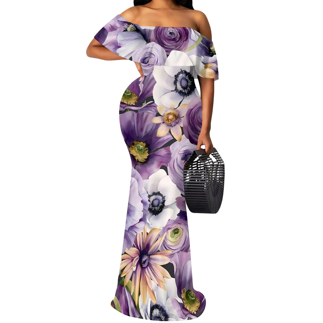 Pink Floral Print Off Shoulder Ruffle Maxi Dress Women Slim Fit Elegant Summer Party Dress