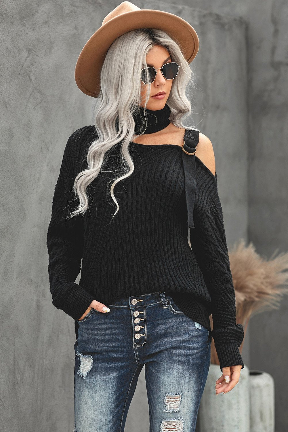 Strapped Cut out Shoulder Turtleneck Sweater