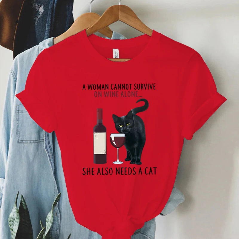 Trend Women Fashion Clothing Cat&wine Graphic T-shirts Clothes Black Cat Print Female Shirt Short Sleeve Lady Casual Tee Tops
