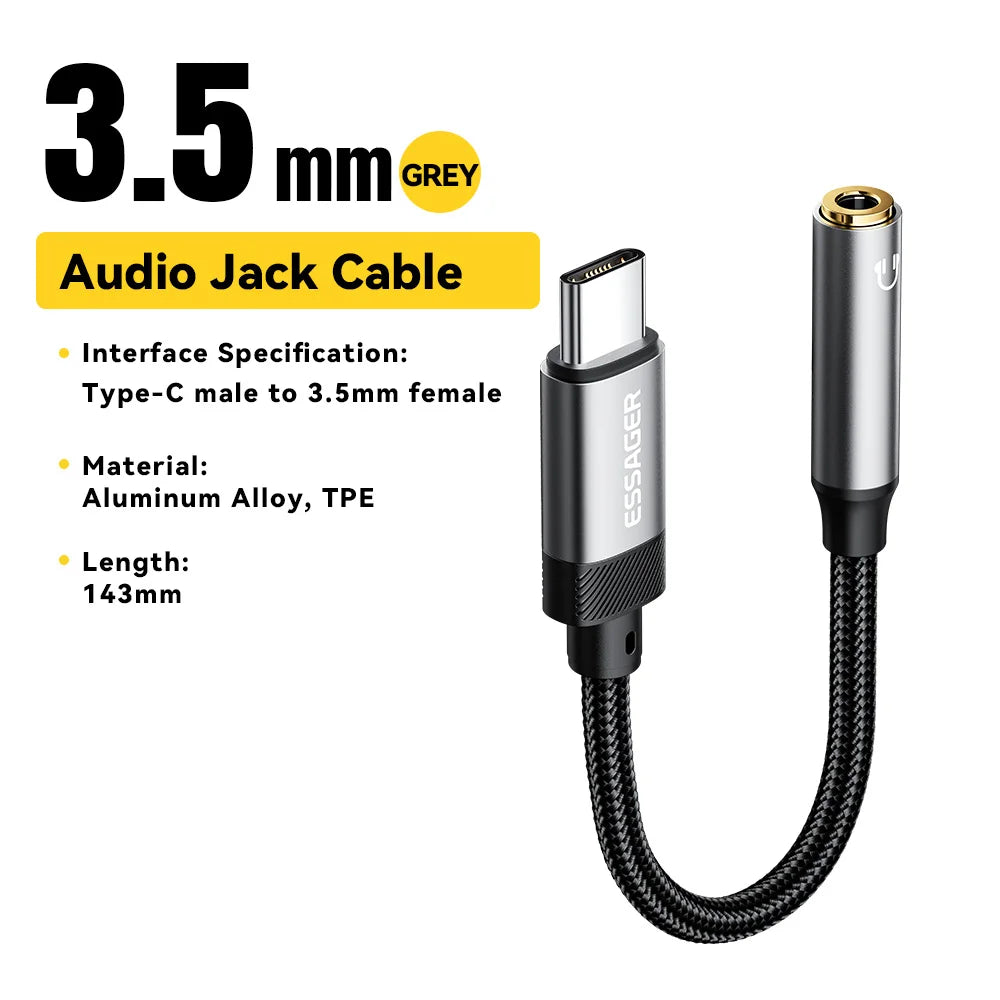 Essager Type C to 3.5mm Audio Adapter USB C Cable Headphones Adapter 3.5 Jack Audio cable For iphone 15 MacBook Samsung Oneplus