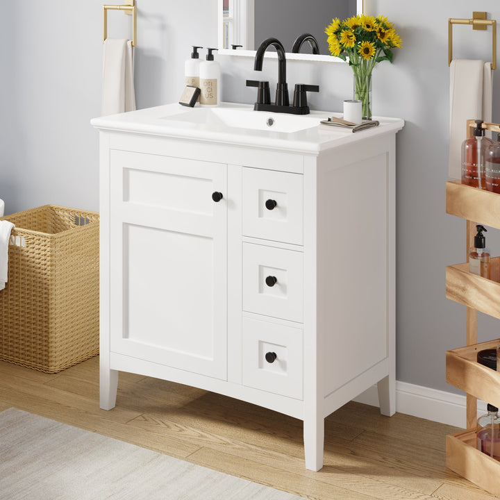 30 Inch Bathroom Vanity with Ceramic Sink, White Bathroom with 3