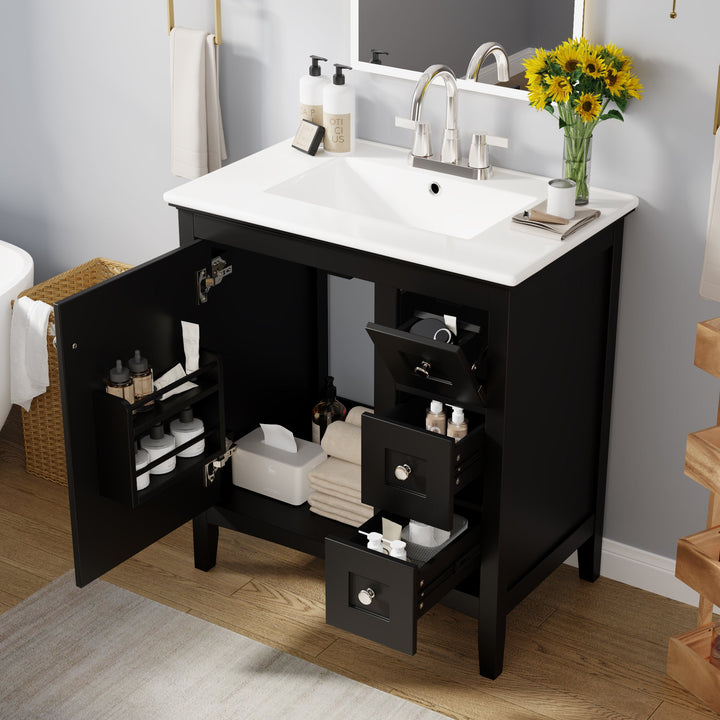 30 Inch Bathroom Vanity with Ceramic Sink, Black Bathroom with 3