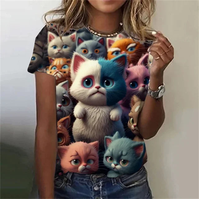Fashion Women's T-shirt 3D Printed Kawaii Cat Pattern Short Sleeved Round neck Top Summer Outdoor Casual Street Simple Clothing