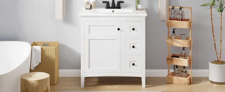 30 Inch Bathroom Vanity with Ceramic Sink, White Bathroom with 3