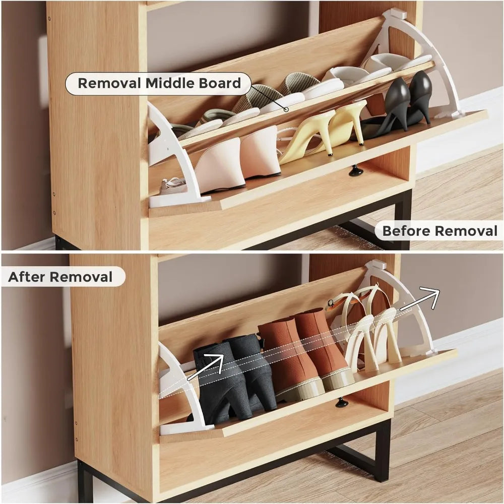 Shoe Cabinet with 2 Handmade Natural Rattan Flip Drawers, Entryway Shoe Rack Storage Organizer , Free Standing Shoe Racks