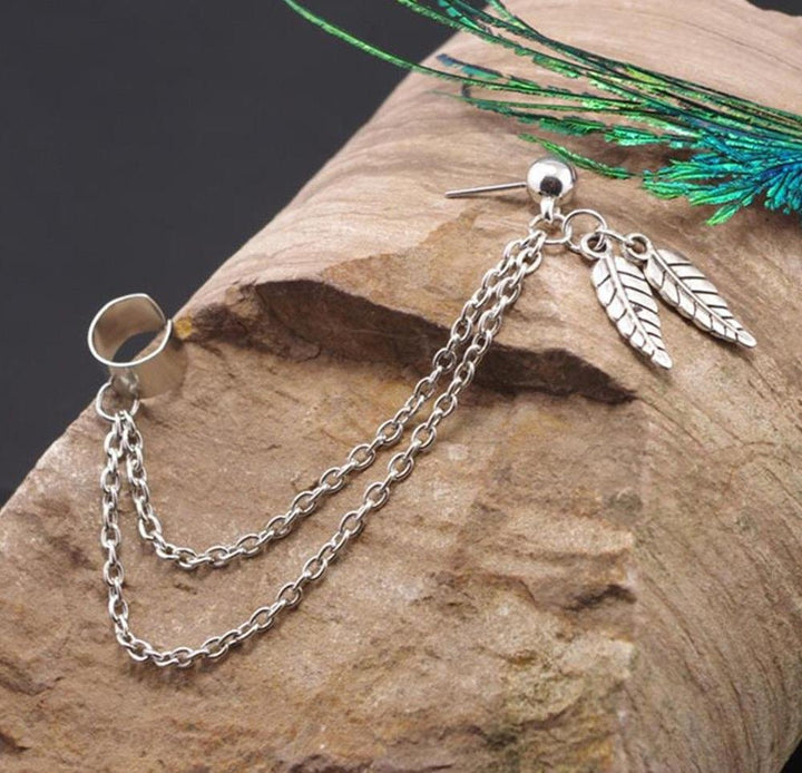 Silver Dangle Ear Cuff Clip Stud Wrap Earring with Chain