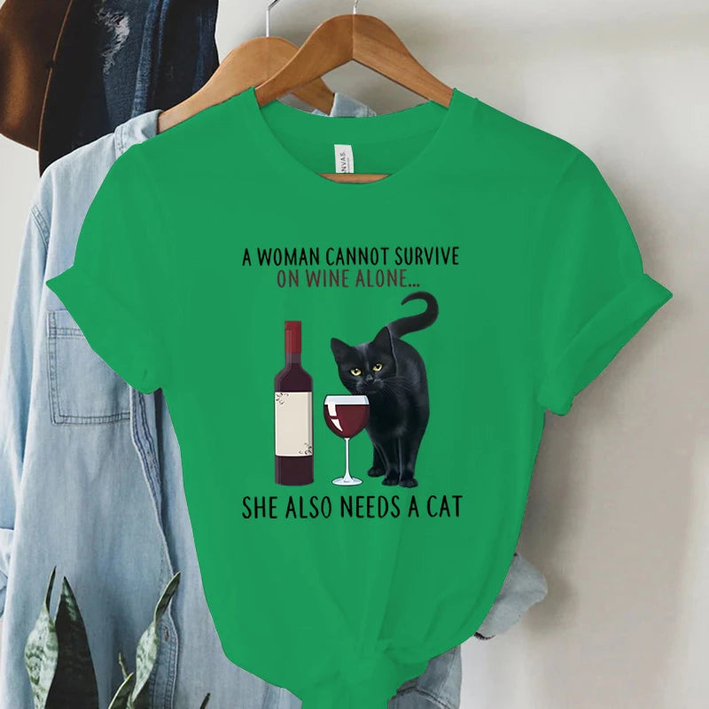 Trend Women Fashion Clothing Cat&wine Graphic T-shirts Clothes Black Cat Print Female Shirt Short Sleeve Lady Casual Tee Tops