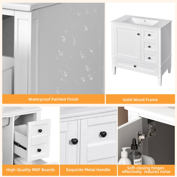 30 Inch Bathroom Vanity with Ceramic Sink, White Bathroom with 3