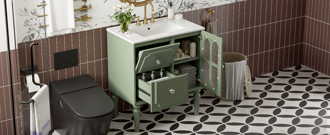Retro Style 30'' Bathroom Vanity with Ceramic Sink Combo, Freestanding