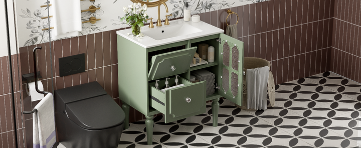 Retro Style 30'' Bathroom Vanity with Ceramic Sink Combo, Freestanding