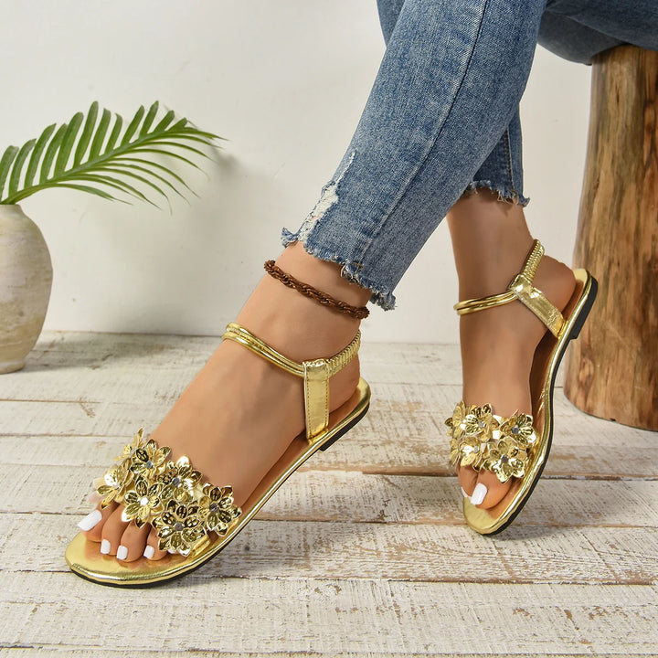 Sandals Plus Size Shiny Flower Women Summer New Round Toe Comfortable Beach Soft Sole Non-slip Outer Wear Flat Sandals