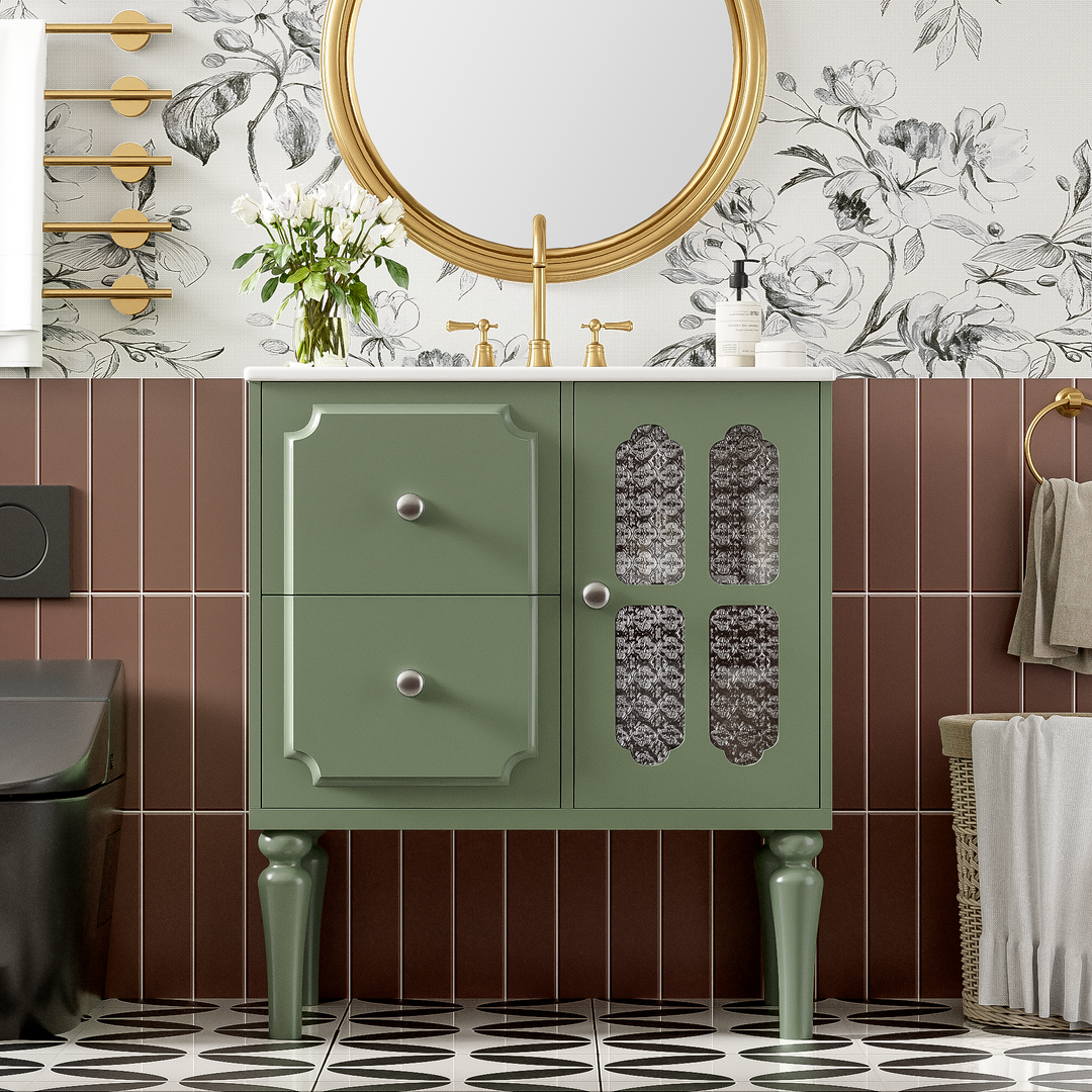 Retro Style 30'' Bathroom Vanity with Ceramic Sink Combo, Freestanding