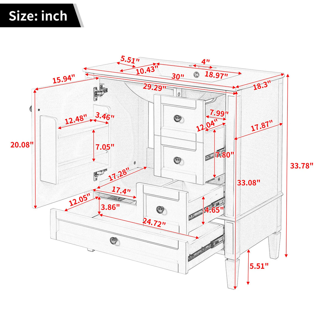 30 Inch Bathroom Vanity with Ceramic Sink, White Bathroom with 3
