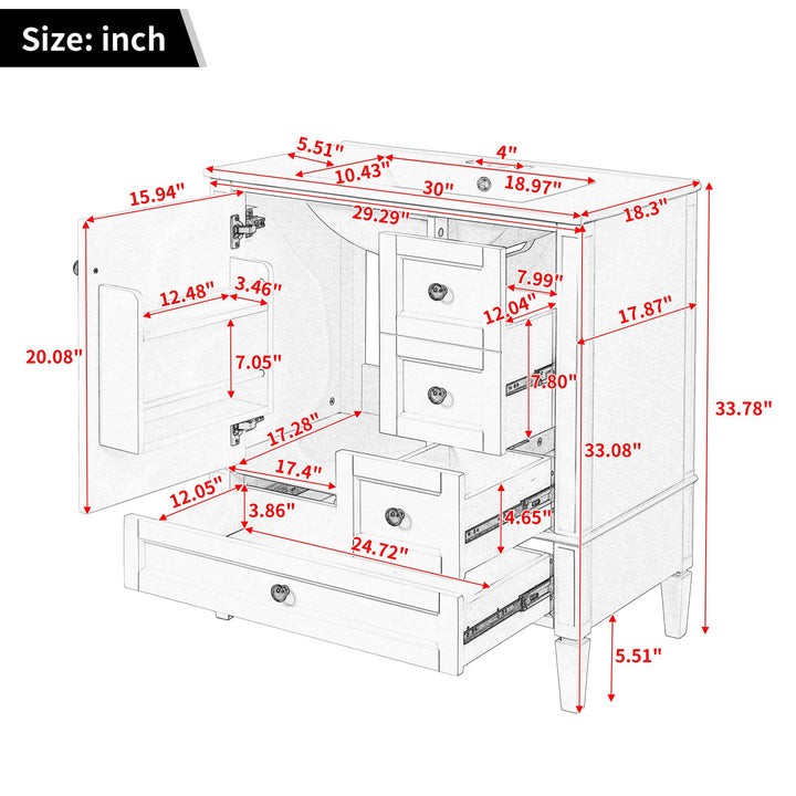 30 Inch Bathroom Vanity with Ceramic Sink, White Bathroom with 3