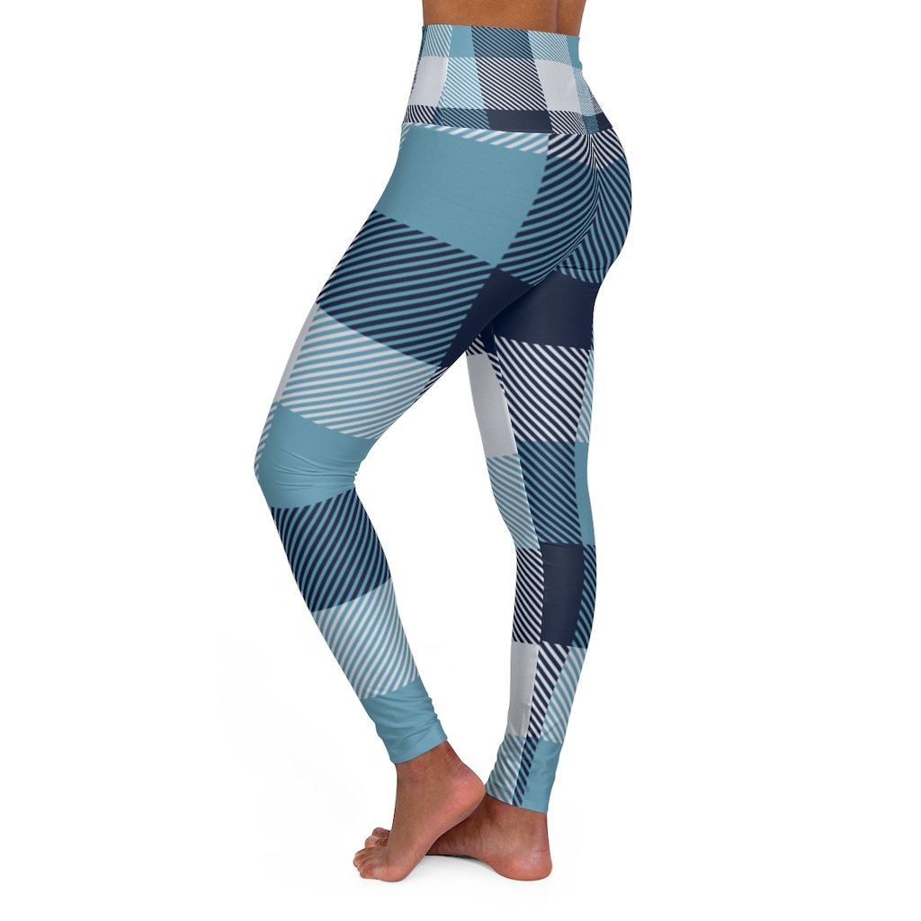 Women's Yoga Pants, Blue And White Plaid Print High Waist Fitness