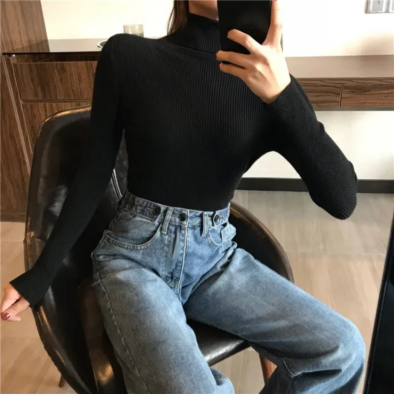 2026 Autumn Winter Thick Sweater Women Knitted Ribbed Pullover Sweater Long Sleeve Turtleneck Slim Jumper Soft Warm Pull Femme