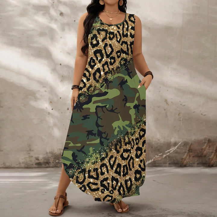 Plus Size Sleeveless Maxi Dress Camouflage Leopard Print Casual Loose Fit Summer Beach Long Dress