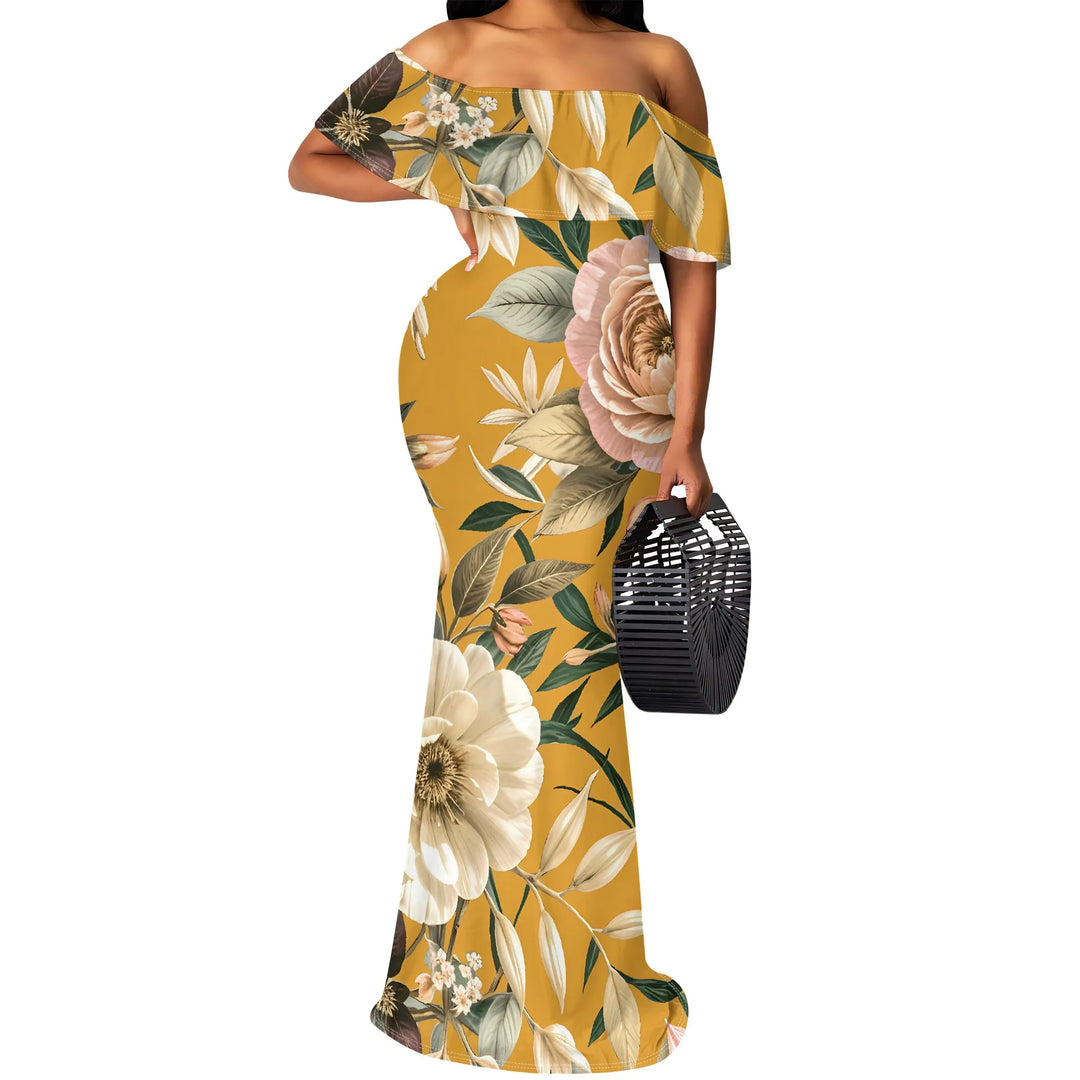 Pink Floral Print Off Shoulder Ruffle Maxi Dress Women Slim Fit Elegant Summer Party Dress